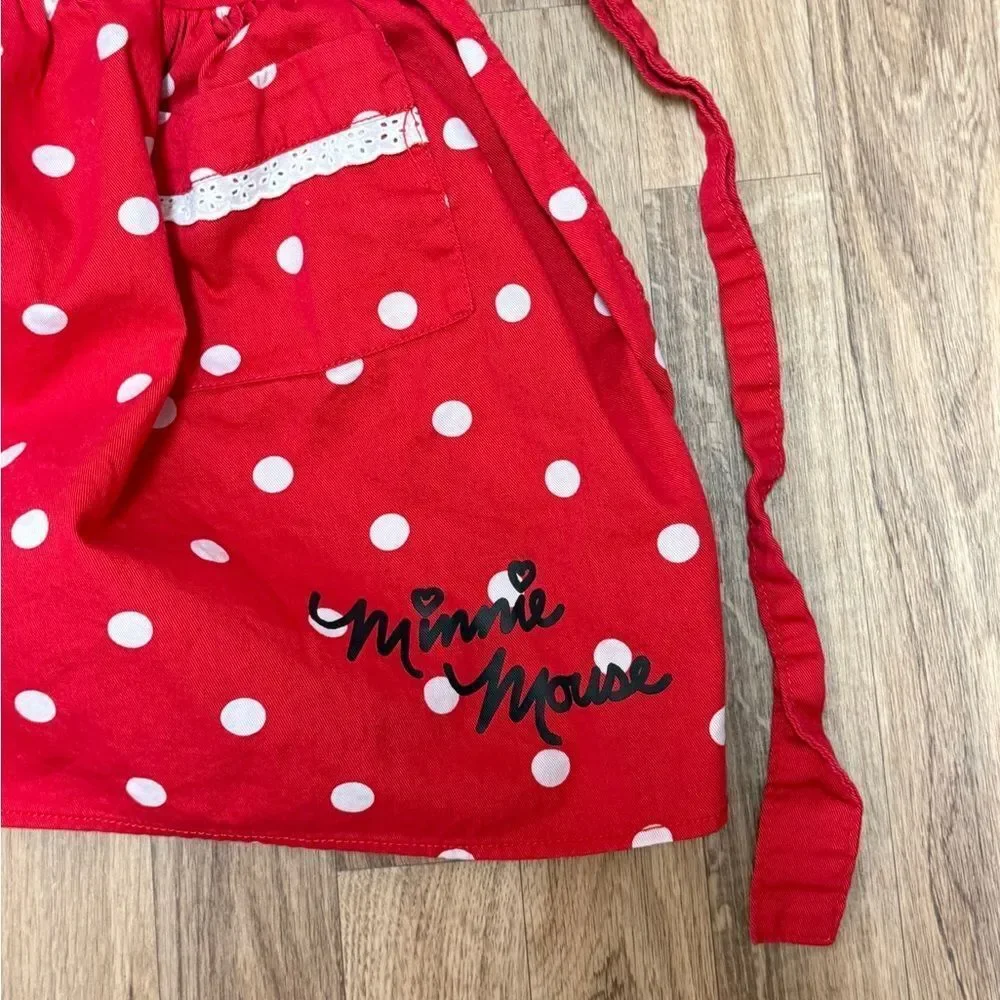 Disney Minnie Mouse Kids Red Polka Dot Cotton Apron One Size Lace Trim Pockets